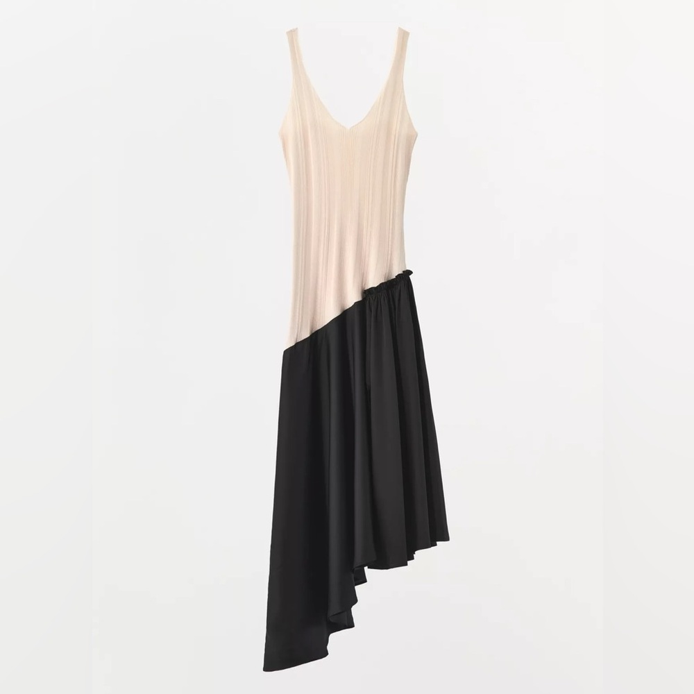 NWT VIRAL Zara Asymmetrical Contrasting Midi Dress in Cream and Black- XS - NEW!